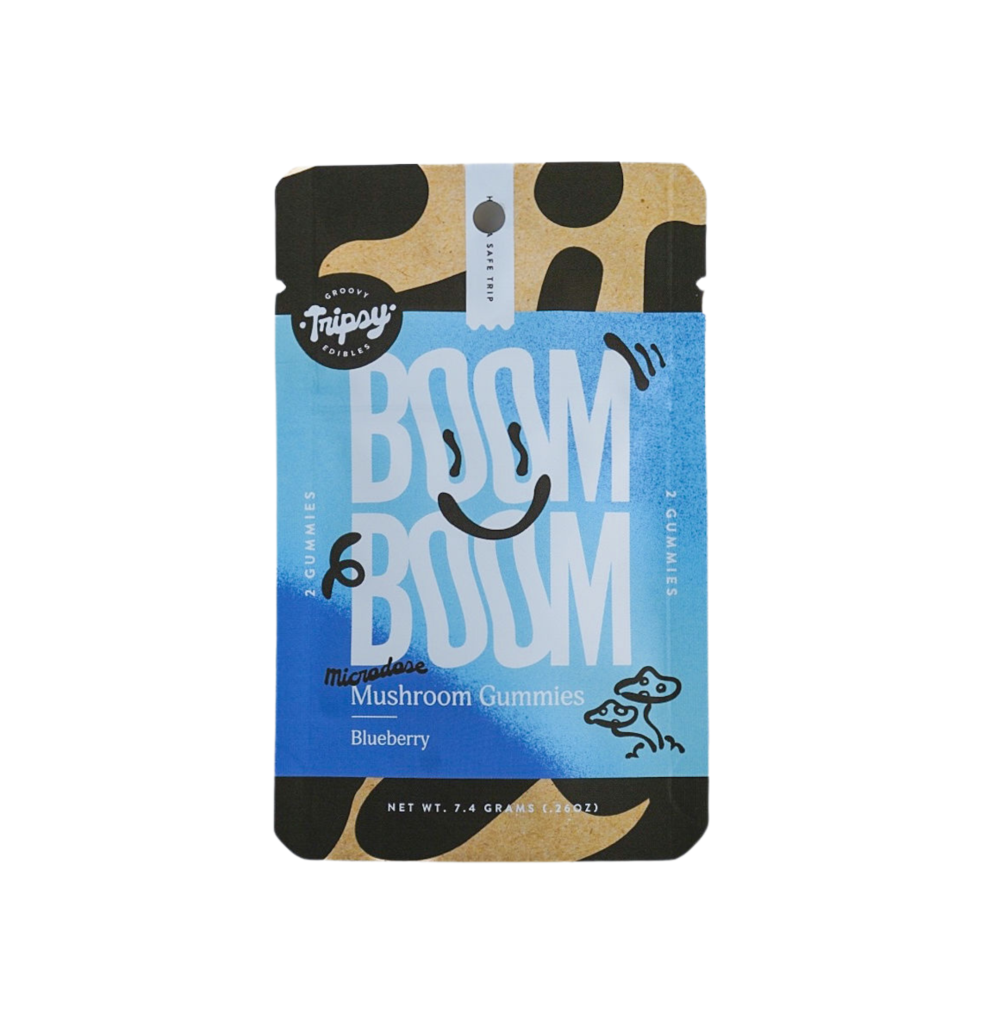 Trippy Groovy Edibles BOOM BOOM microdose mushroom gummies blueberry flavor pouch with two gummies