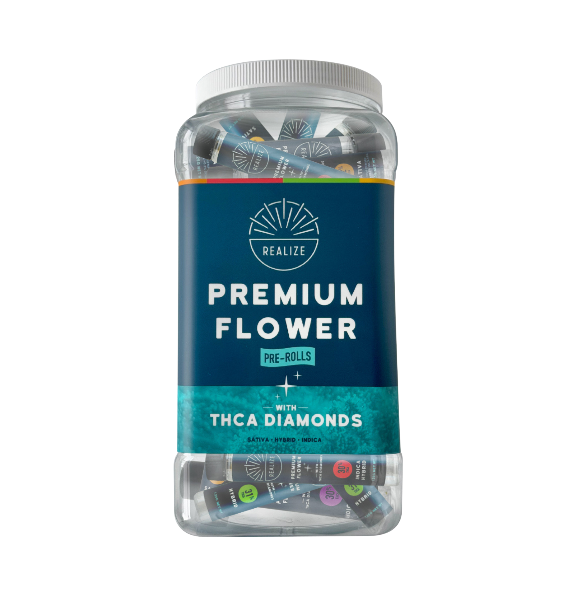 Realize Premium Flower pre-rolls with THCA diamonds wholesale reusable display jar containing assorted pre-roll tubes