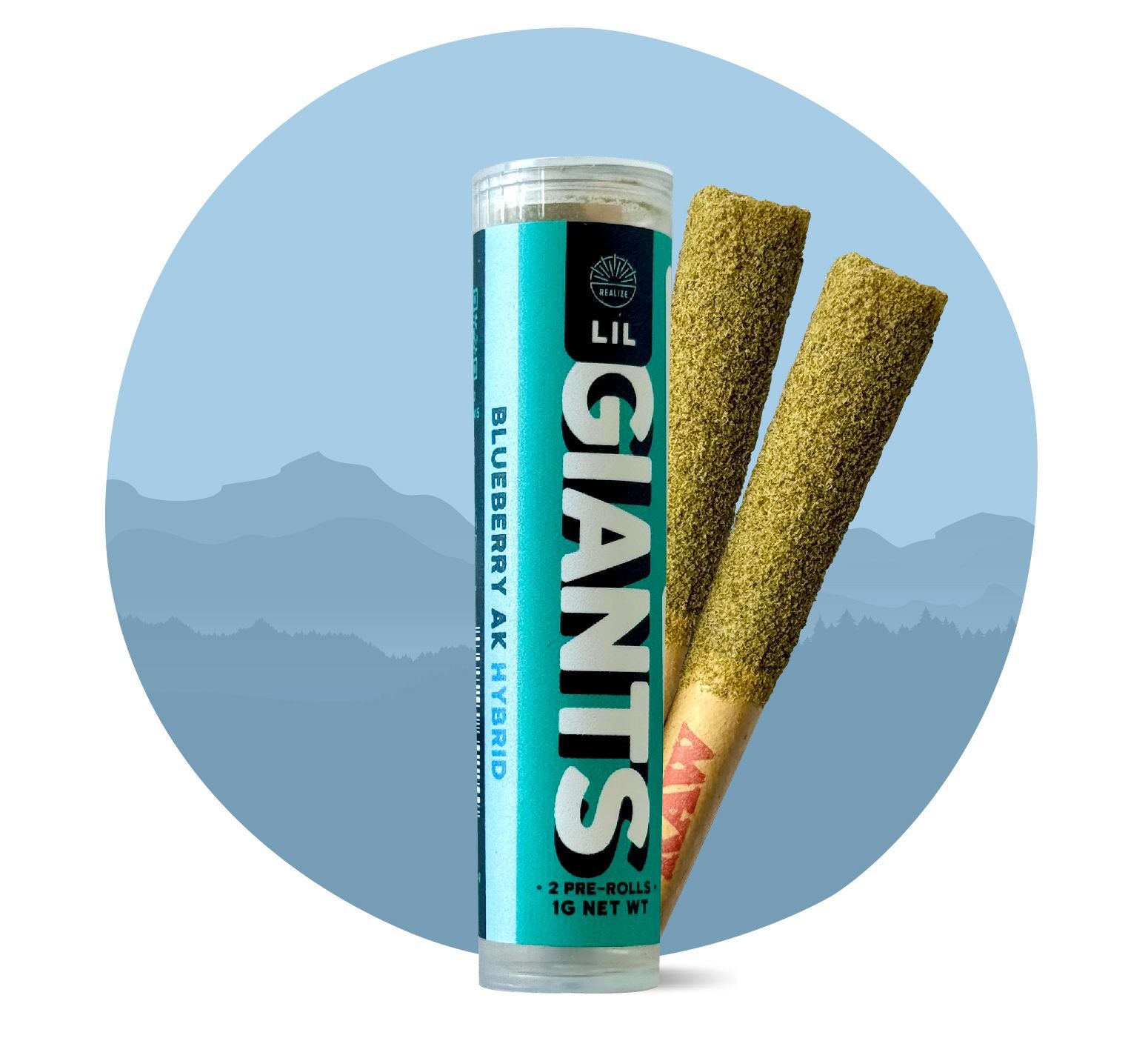 Realize Lil Giants Blueberry AK hybrid THCA pre-rolls with 33% THCA in tube packaging