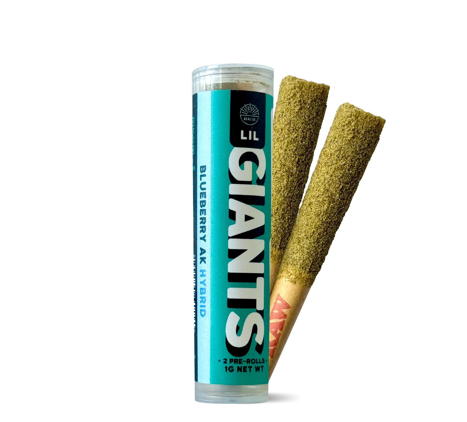 Realize Lil Giants Blueberry AK hybrid THCA pre-rolls with tube packaging and two infused hemp joints