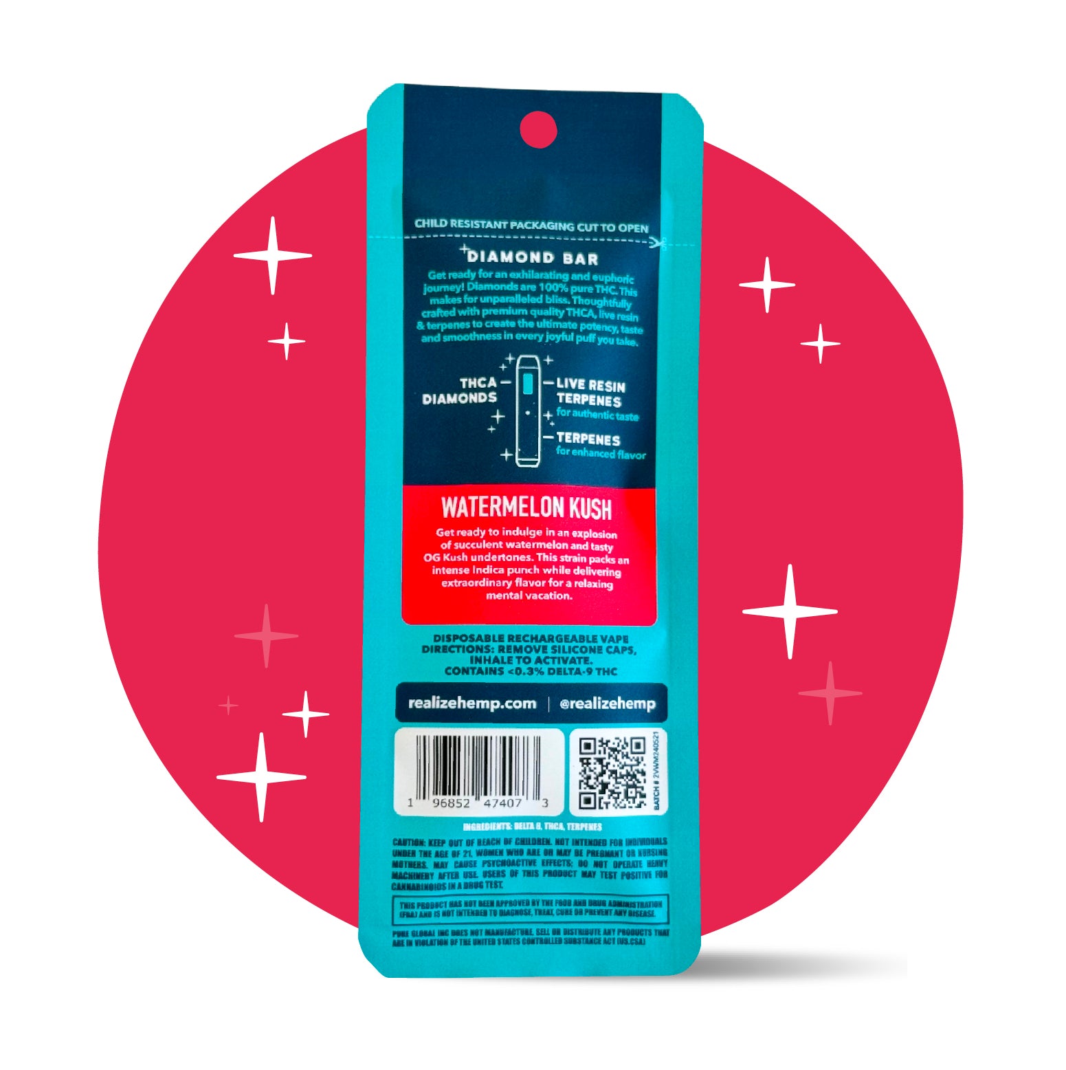 Realize THCA Diamond Bar, Watermelon Kush - 2g Disposable Vape