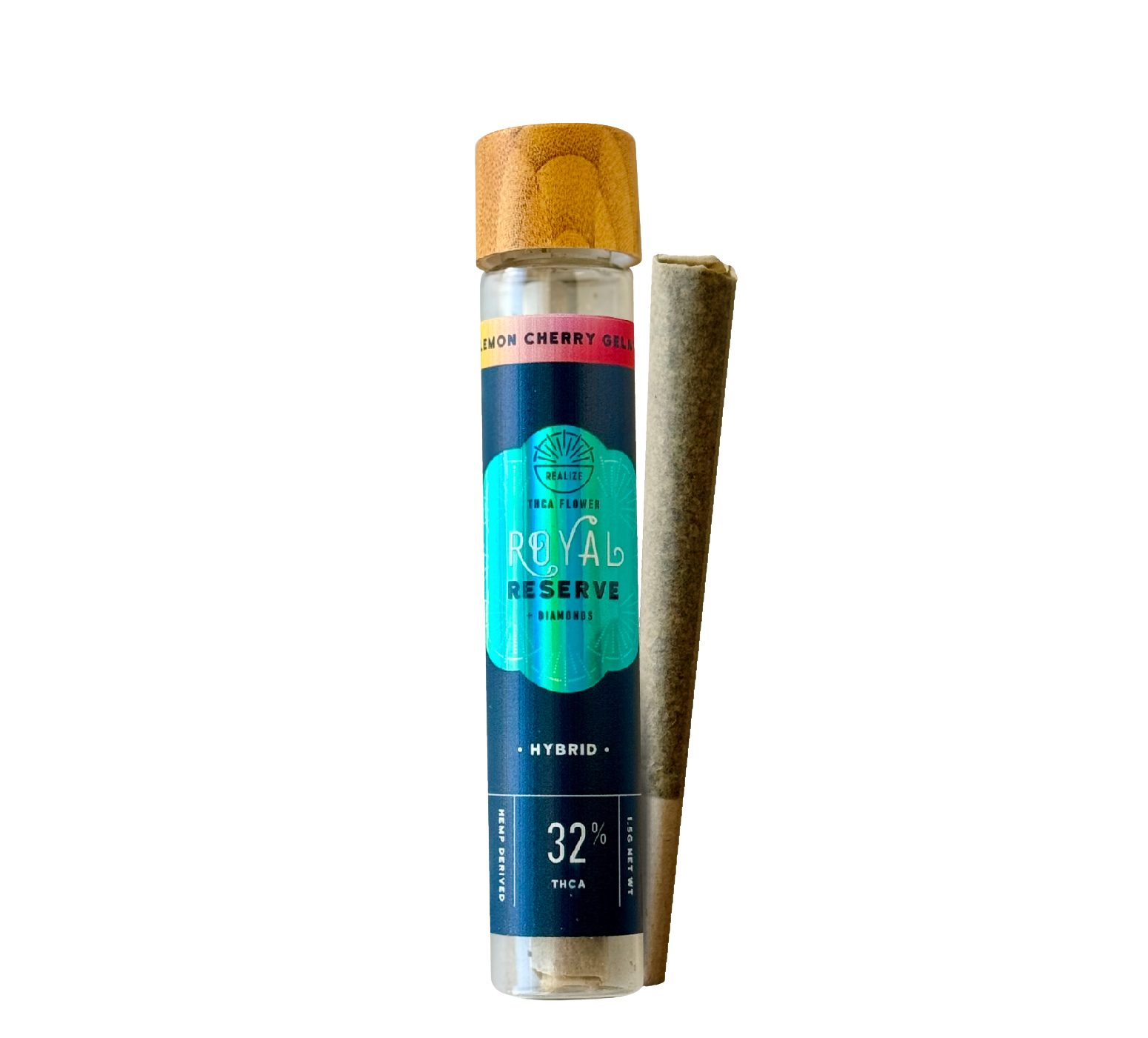 Realize Royal Reserve Lemon Cherry Gelato hybrid THCA flower pre-roll with 32% THCA in glass tube with wooden cap