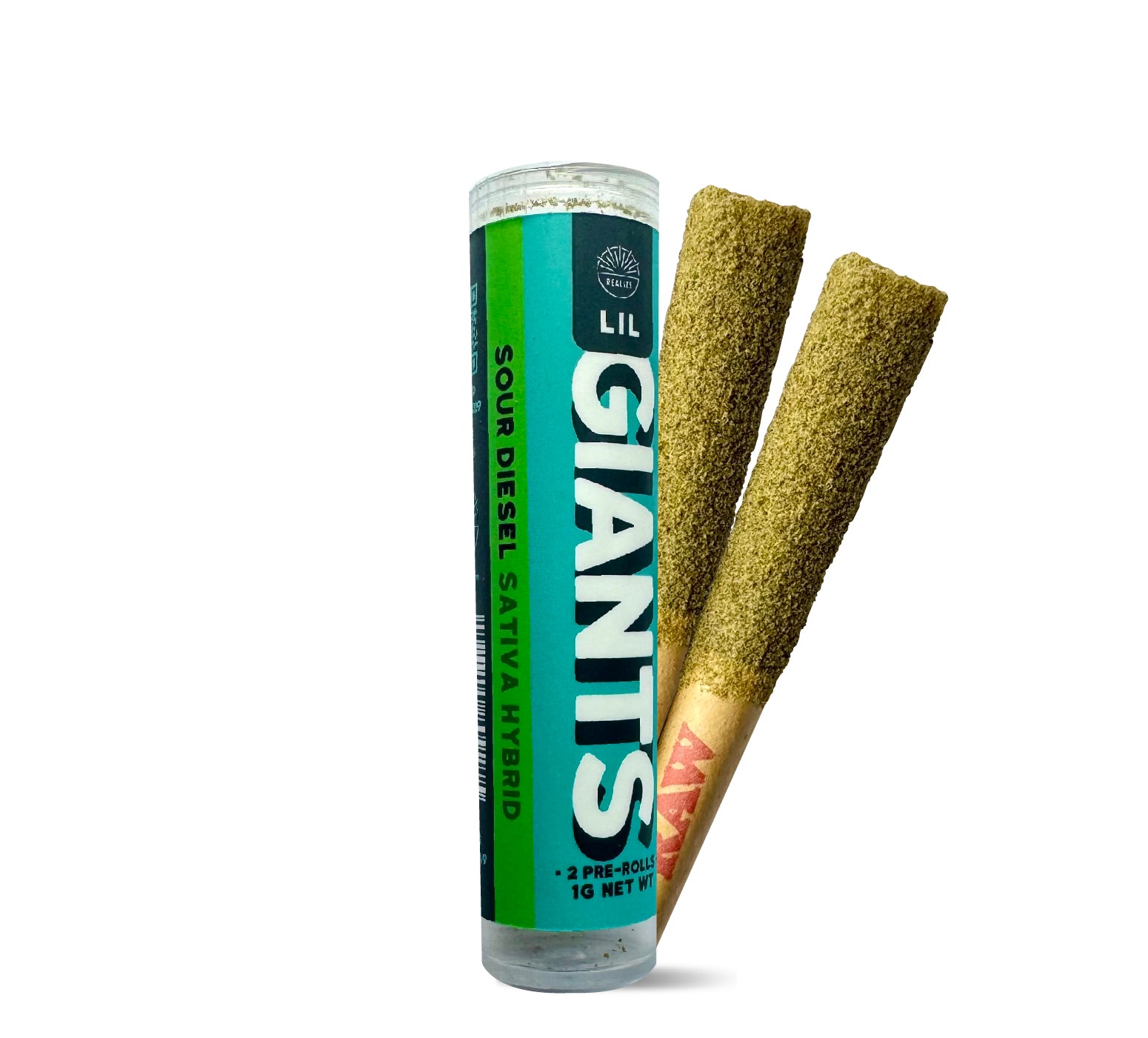 Realize Lil Giants Sour Diesel sativa hybrid 29% THCA pre-rolls with tube packaging and two infused hemp joints
