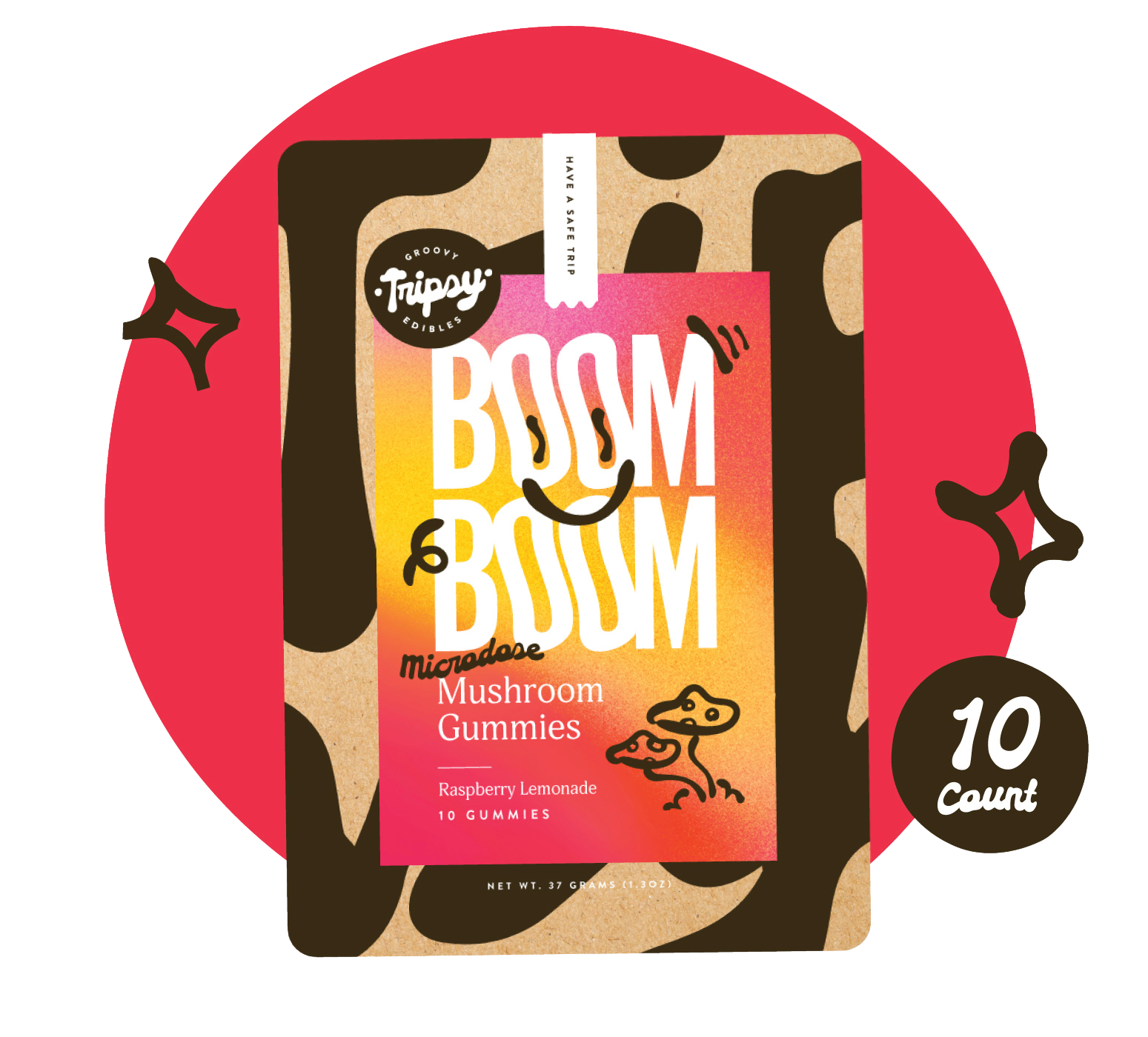 BOOM BOOM mushroom gummies pouch (Tripsy Edibles) in raspberry lemonade flavor, labeled “microdose,” with playful graphics on a red background and a “10 count” badge.