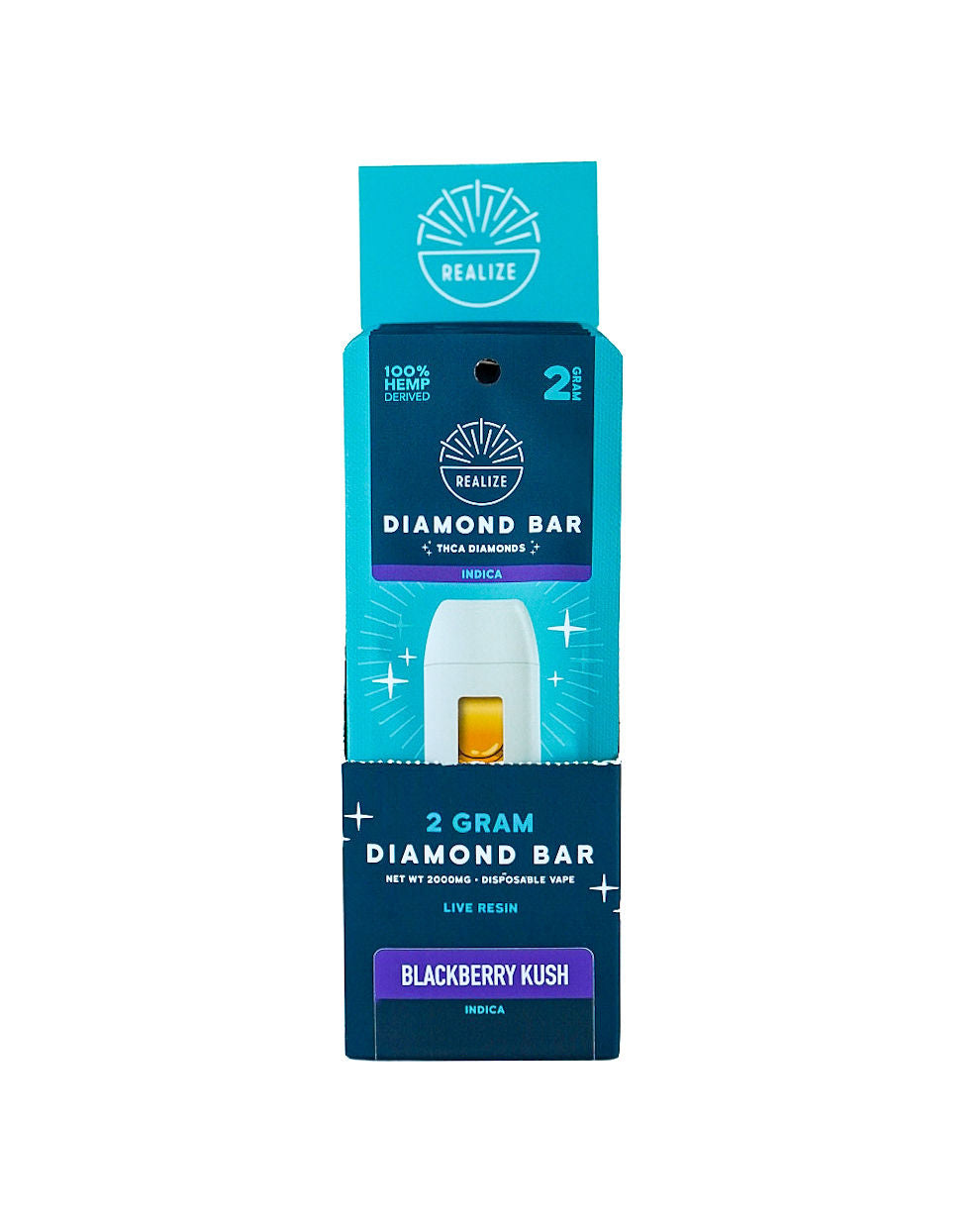 Realize Hemp Diamond Bar disposable vape packaging in Blackberry Kush (Indica). The image shows a turquoise and navy-blue retail box partially opened to reveal a white vape device with visible amber oil. Packaging features the Realize logo and product details including "2 Gram Diamond Bar," "THCa Diamonds," "Live Resin," and "100% Hemp Derived." The Blackberry Kush strain is highlighted on a purple label, with Indica designation shown on the packaging. Product photographed against a light gray background.