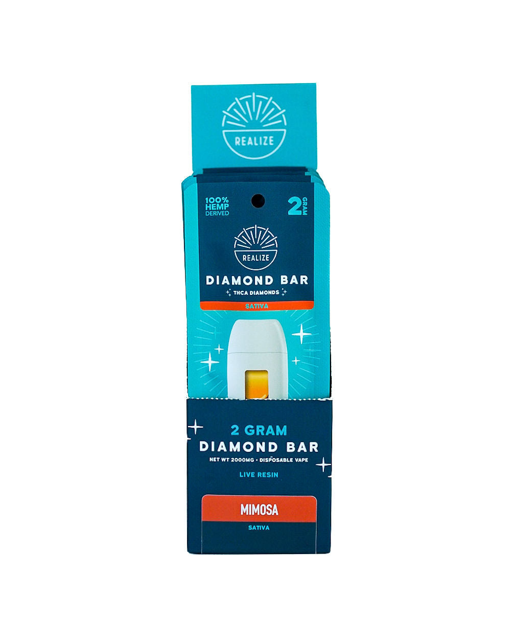 Realize Hemp Diamond Bar disposable vape packaging in Mimosa (Sativa). The image shows a turquoise and navy-blue retail box partially opened to reveal a white vape device with visible amber oil. Packaging highlights include "2 Gram Diamond Bar," "THCa Diamonds," "Live Resin," "100% Hemp Derived," and the Mimosa strain name on an orange label. Product photographed against a light gray background.
