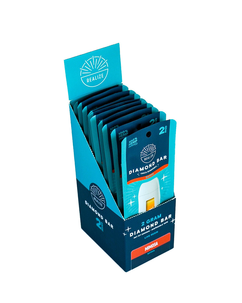 Realize Hemp Diamond Bar disposable vape packaging in Mimosa (Sativa). The image shows a turquoise and navy-blue retail box partially opened to reveal a white vape device with visible amber oil. Packaging highlights include "2 Gram Diamond Bar," "THCa Diamonds," "Live Resin," "100% Hemp Derived," and the Mimosa strain name on an orange label. Product photographed against a light gray background.