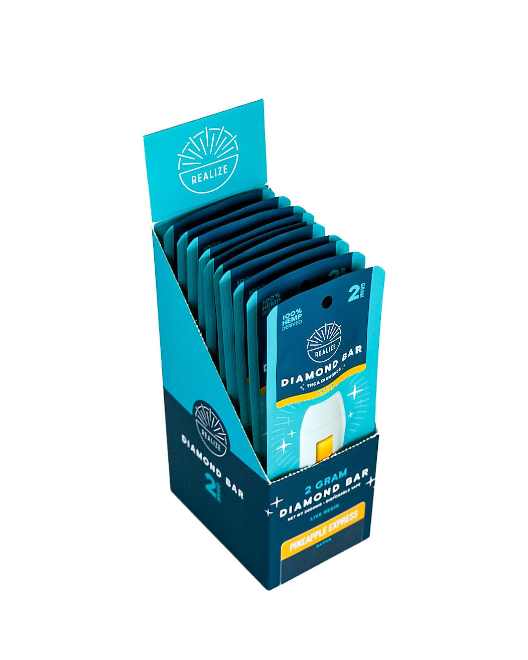 Realize Hemp Diamond Bar disposable vape packaging in Pineapple Express (Sativa). The image features a turquoise and navy-blue retail box partially opened to reveal a white vape device with visible amber oil. Packaging displays the Realize logo and product details including "2 Gram Diamond Bar," "THCa Diamonds," "Live Resin," and "100% Hemp Derived." The Pineapple Express strain is highlighted on a yellow label, with Sativa designation shown on the packaging.