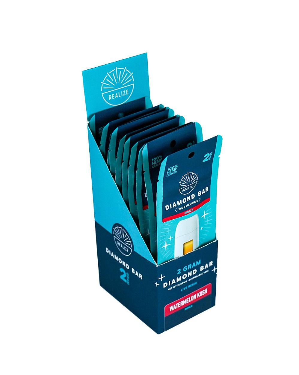 Realize Hemp Diamond Bar disposable vape packaging in Watermelon Kush (Indica). The image features a turquoise and navy-blue retail box partially opened to reveal a white vape device with visible amber oil. Packaging displays the Realize logo and product details including "2 Gram Diamond Bar," "THCa Diamonds," "Live Resin," and "100% Hemp Derived." The Watermelon Kush strain is highlighted on a red label, with Indica designation shown on the packaging. Product photographed against a light gray bac