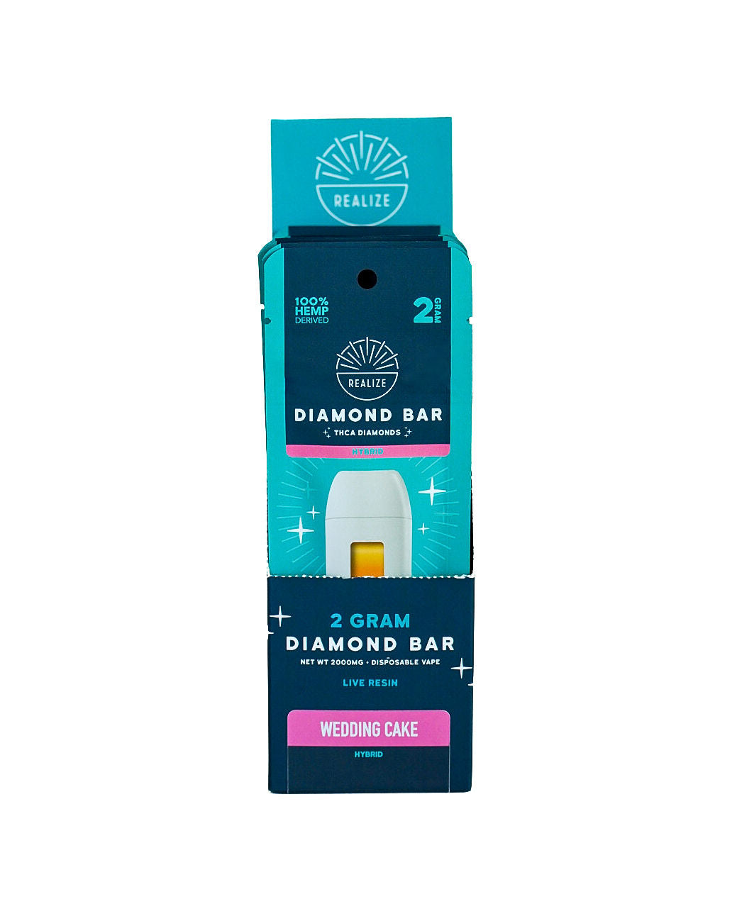 Realize Hemp Diamond Bar disposable vape packaging in Wedding Cake (Hybrid). The image features a turquoise and navy-blue retail box partially opened to display a white vape device with visible amber oil. Packaging includes the Realize logo and product details such as "2 Gram Diamond Bar," "THCa Diamonds," "Live Resin," and "100% Hemp Derived." The Wedding Cake strain is highlighted on a pink label, with Hybrid designation shown on the packaging. Product photographed against a light gray background.