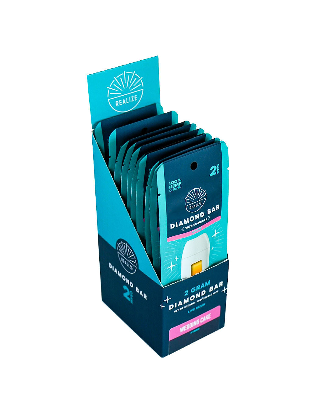 Realize Hemp Diamond Bar disposable vape packaging in Wedding Cake (Hybrid). The image features a turquoise and navy-blue retail box partially opened to display a white vape device with visible amber oil. Packaging includes the Realize logo and product details such as "2 Gram Diamond Bar," "THCa Diamonds," "Live Resin," and "100% Hemp Derived." The Wedding Cake strain is highlighted on a pink label, with Hybrid designation shown on the packaging. Product photographed against a light gray background.