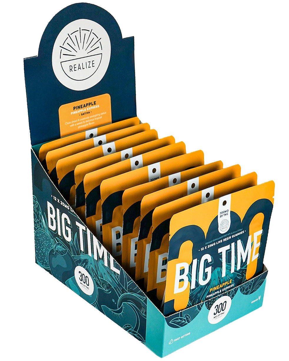 Realize BIG TIME pineapple express sativa live resin gummies 300mg Delta-9 THC wholesale display box with multiple pouches