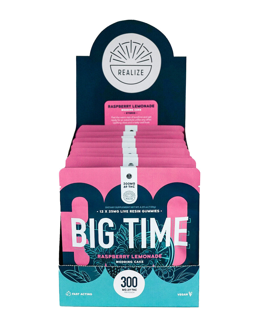 Realize BIG TIME raspberry lemonade wedding cake hybrid live resin gummies 300mg Delta-9 THC wholesale display box with multiple pouches