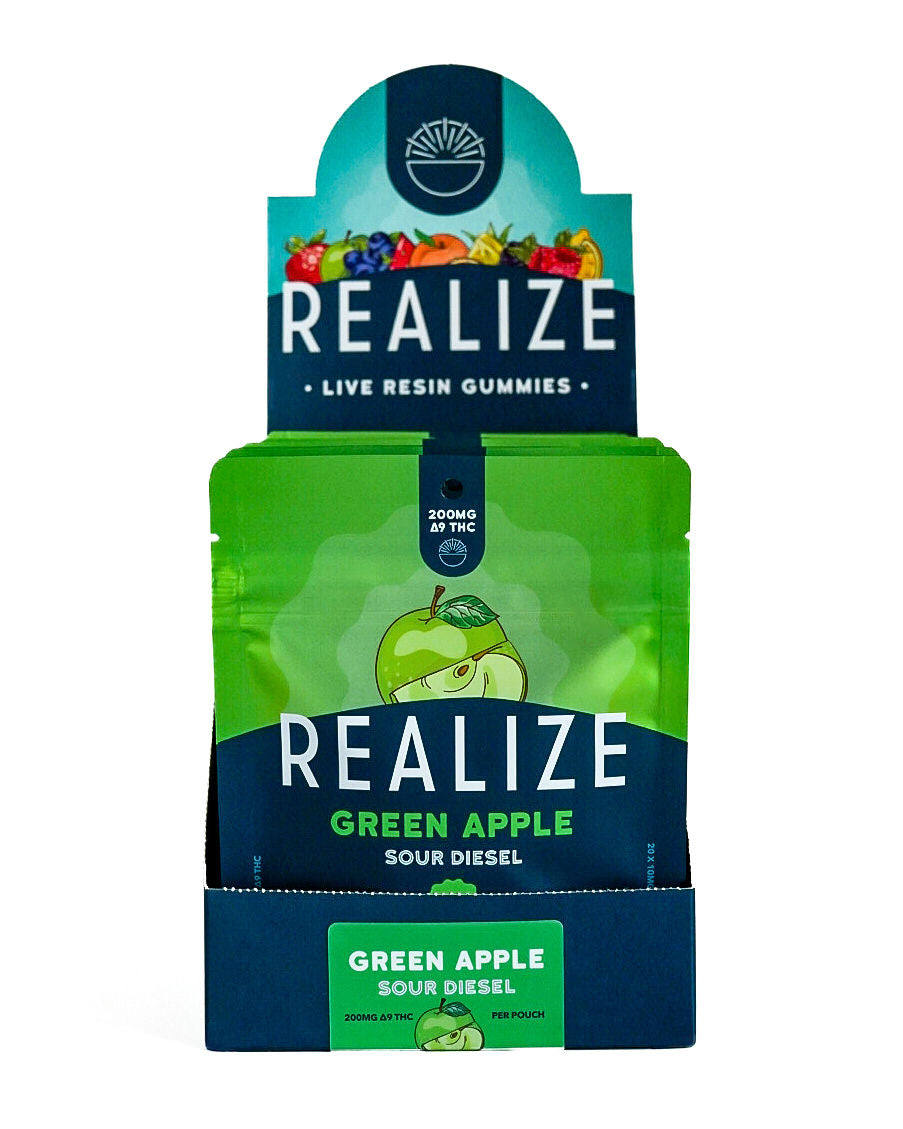 Realize live resin gummies Green Apple Sour Diesel 200mg Delta-9 THC wholesale display box with retail packaging