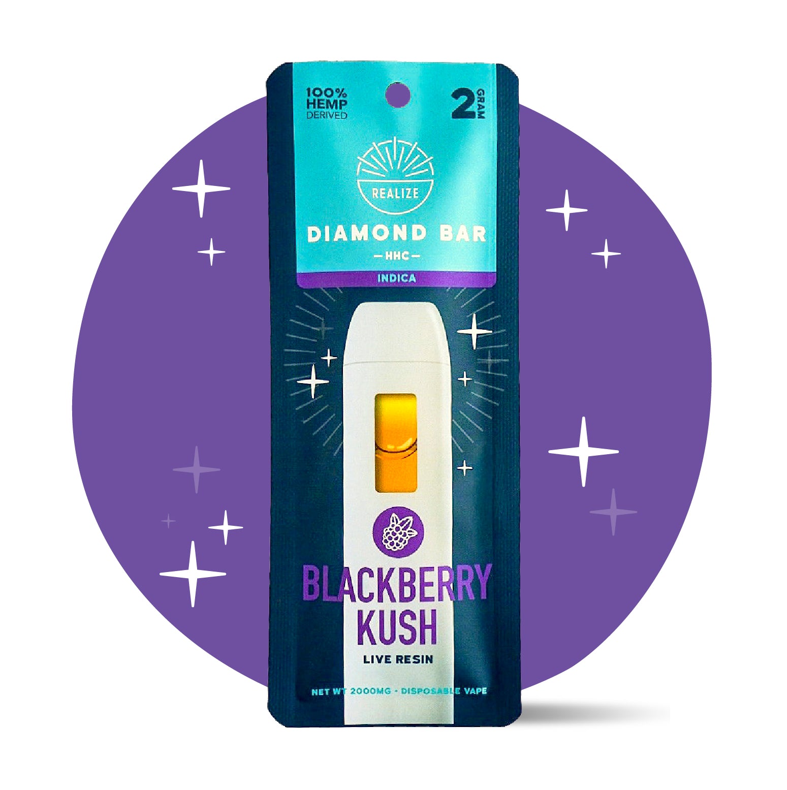 Realize Blackberry Kush HHC Diamond Bar disposable vape packaging front, indica strain with live resin, 2 gram vape featuring white device and purple blackberry-themed design