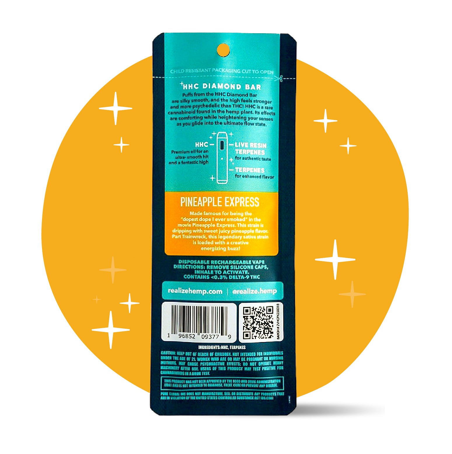 Back of Realize Pineapple Express HHC Diamond Bar disposable vape packaging showing product details, ingredients, usage directions, QR code, and barcode on teal and yellow design