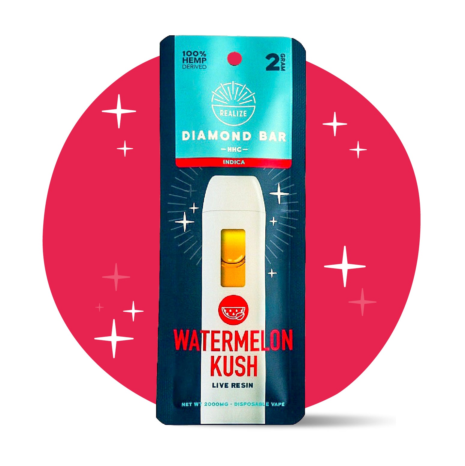 Realize Watermelon Kush Diamond Bar disposable vape packaging front, indica strain with HHC, 2 gram disposable vape with white device and red accents
