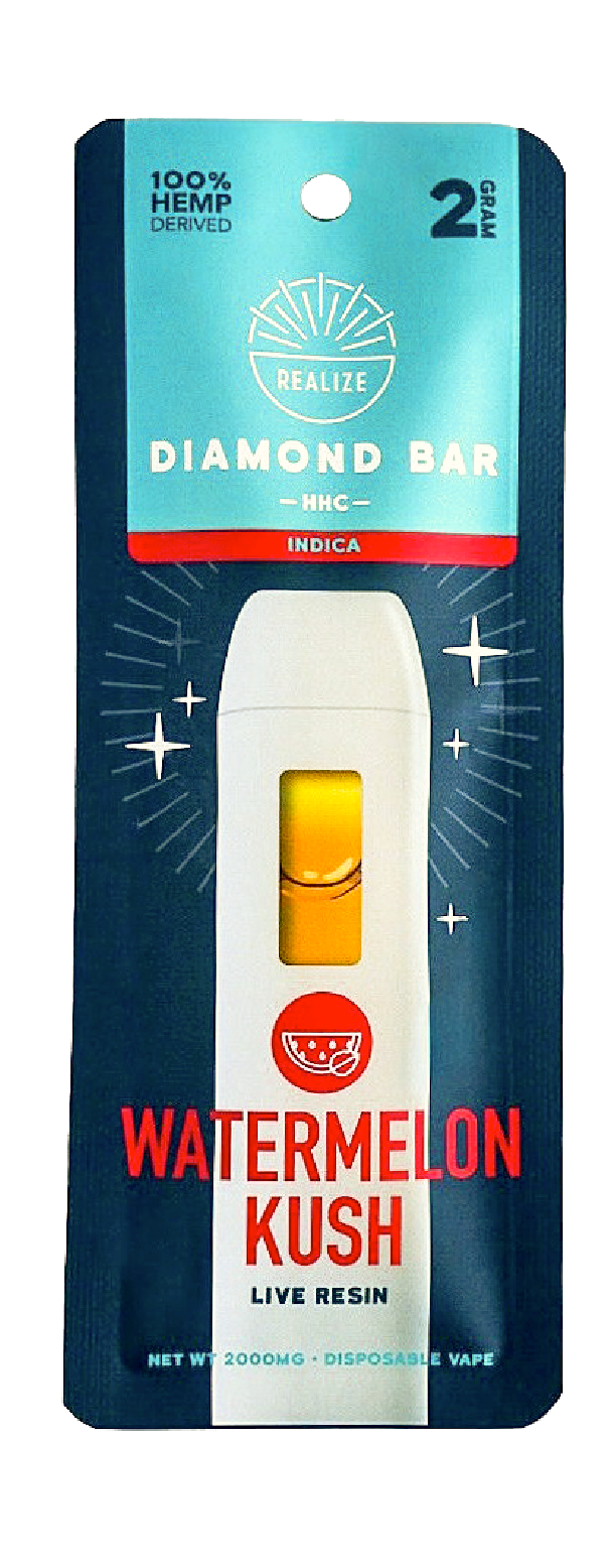 Realize Watermelon Kush Diamond Bar disposable vape packaging front, indica strain with HHC, 2 gram disposable vape with white device and red accents