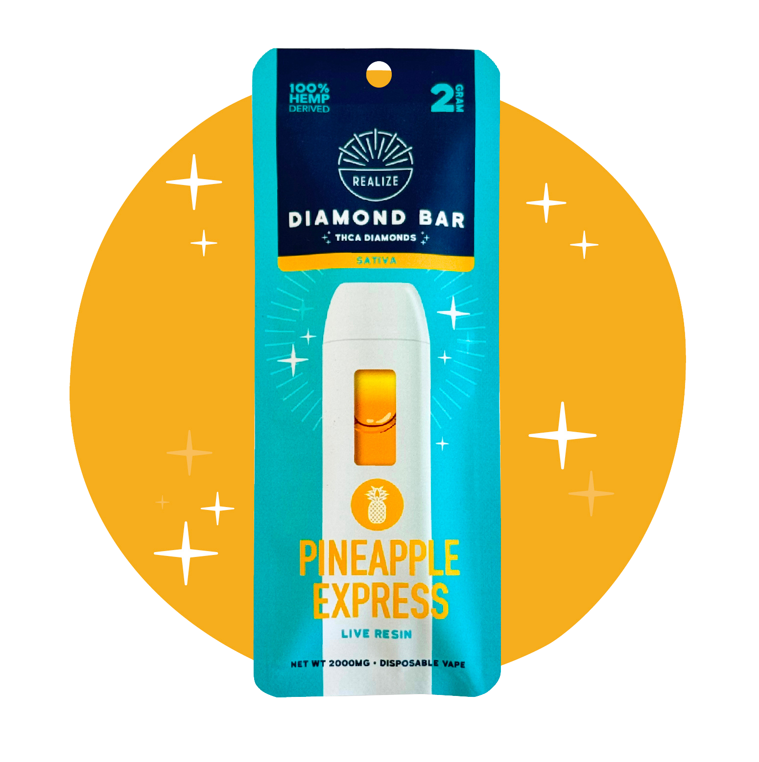 Realize Pineapple Express Diamond Bar disposable vape packaging front, sativa strain with THCA diamonds and live resin, 2 gram disposable vape with white device and yellow accents