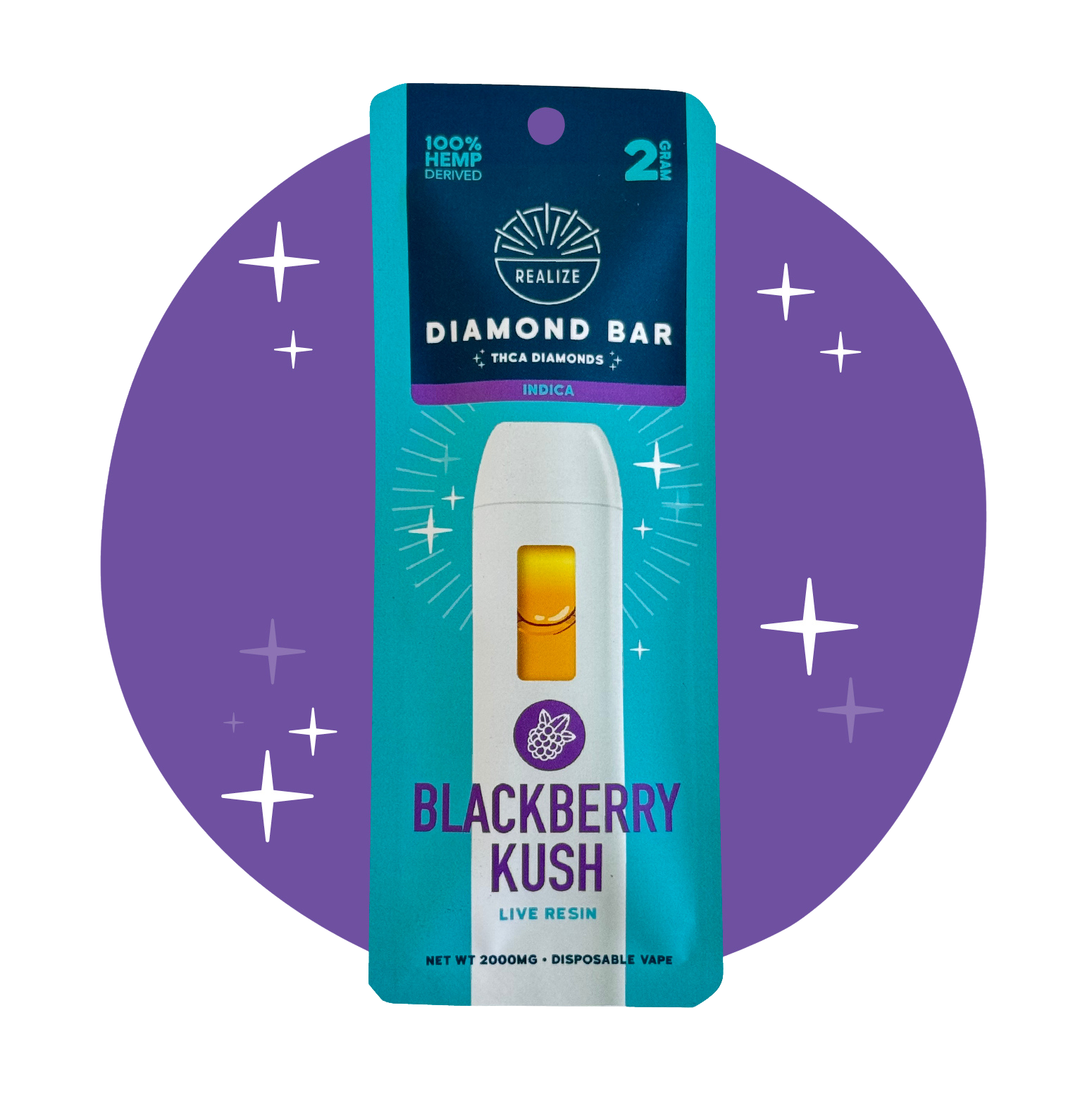 Realize Blackberry Kush THCA Diamond Bar disposable vape packaging front, indica strain with live resin, 2 gram vape featuring white device and purple blackberry-themed design