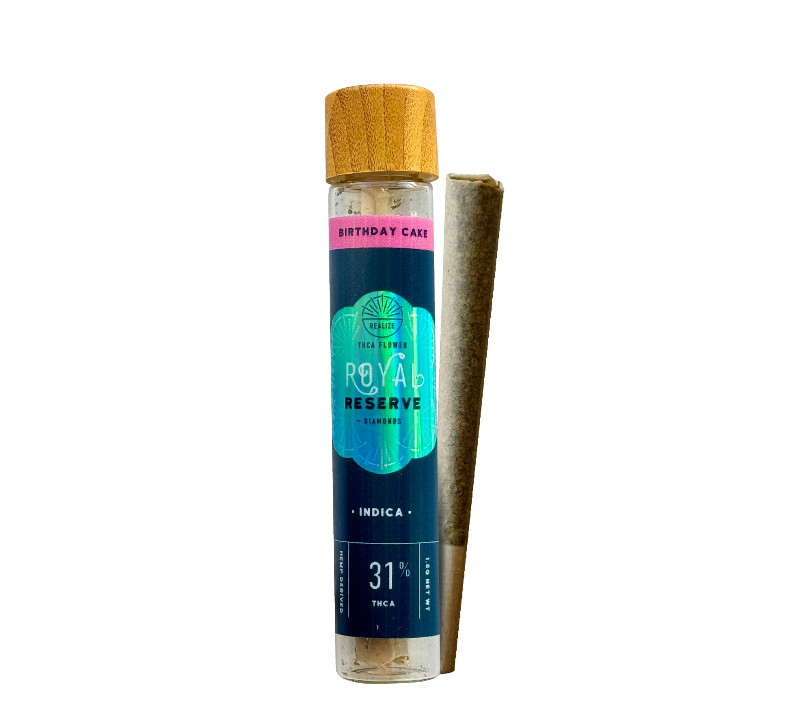 Realize Royal Reserve Birthday Cake indica THCA flower pre-roll with 31% THCA in glass tube with wooden cap