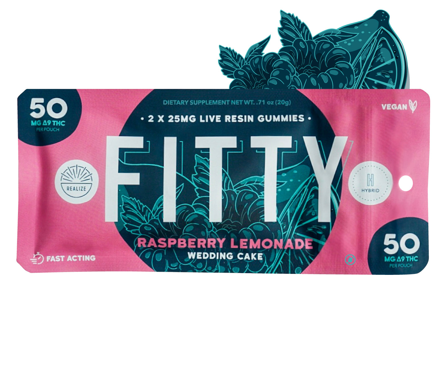Realize DYE FREE FITTY raspberry lemonade Wedding Cake live resin gummies hybrid with 50mg Delta-9 THC per pouch