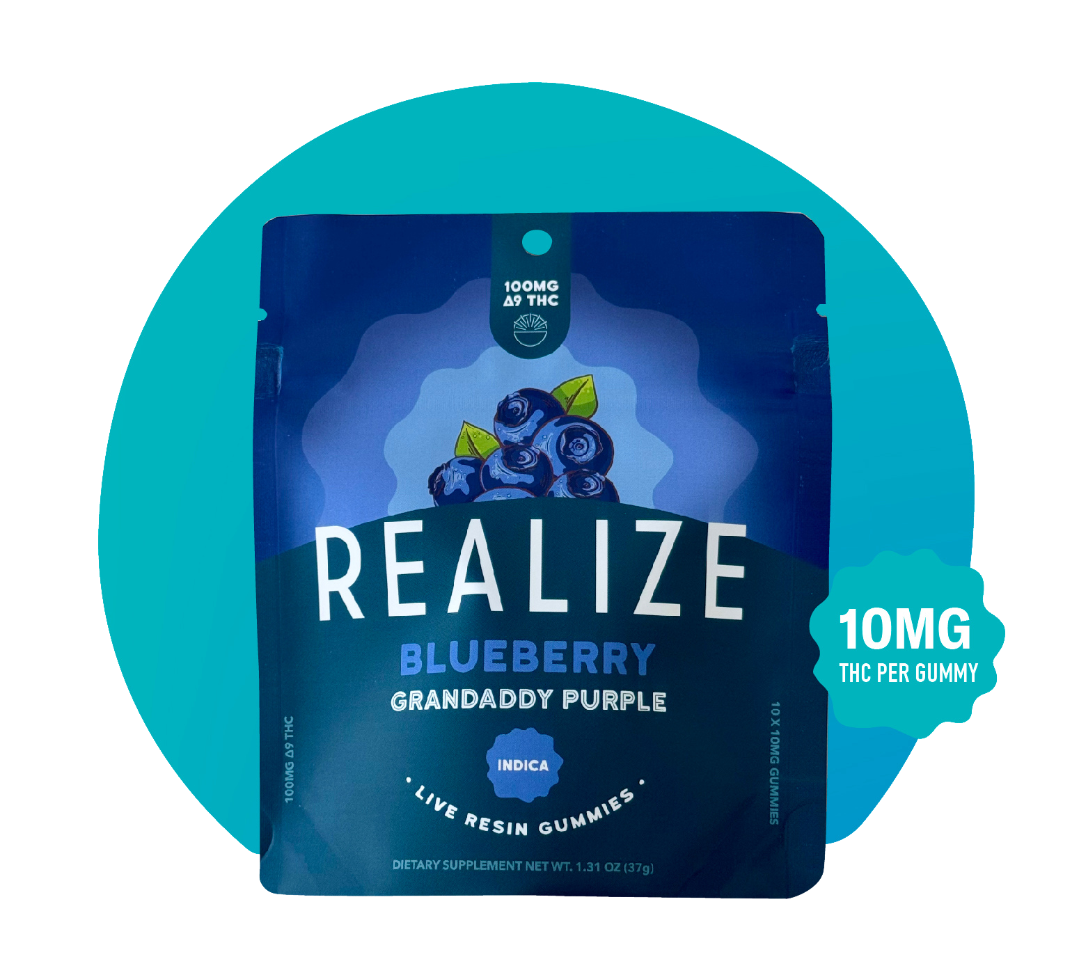 Realize Blueberry Granddaddy Purple live resin gummies packaging front, indica strain with blueberry illustration and 10mg THC per gummy label on dark blue pouch