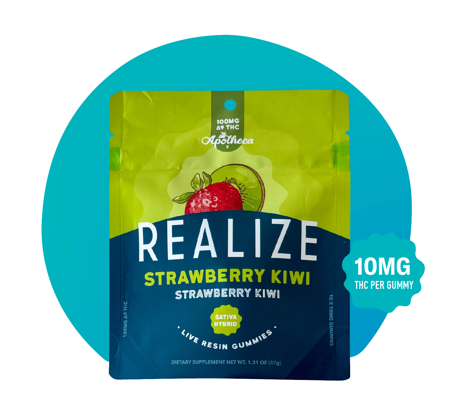 Realize Strawberry Kiwi live resin gummies sativa hybrid packaging with 10mg THC per gummy label