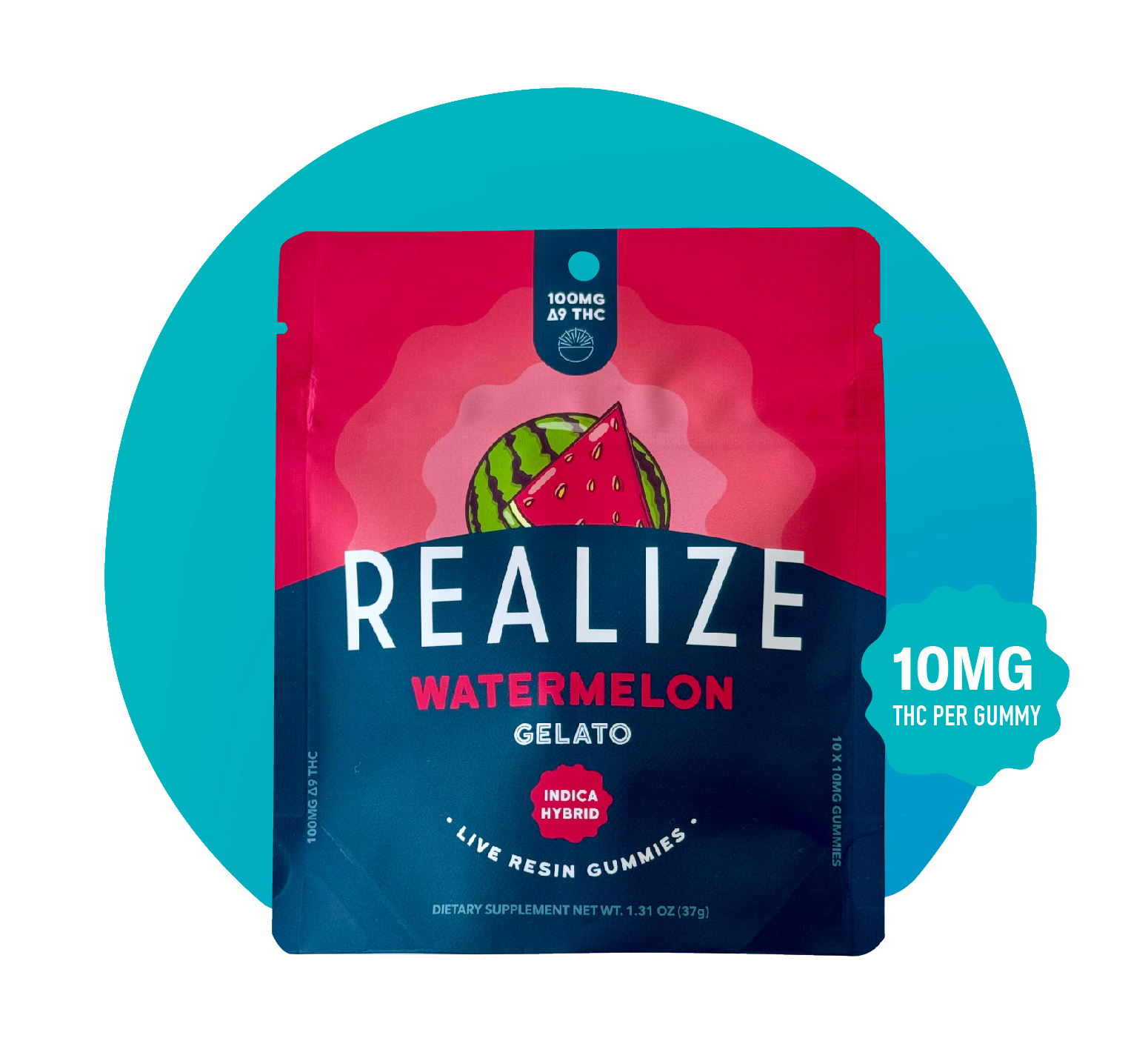 Realize Watermelon Gelato live resin gummies packaging front, indica hybrid strain with watermelon illustration and 10mg THC per gummy label on red and blue pouch